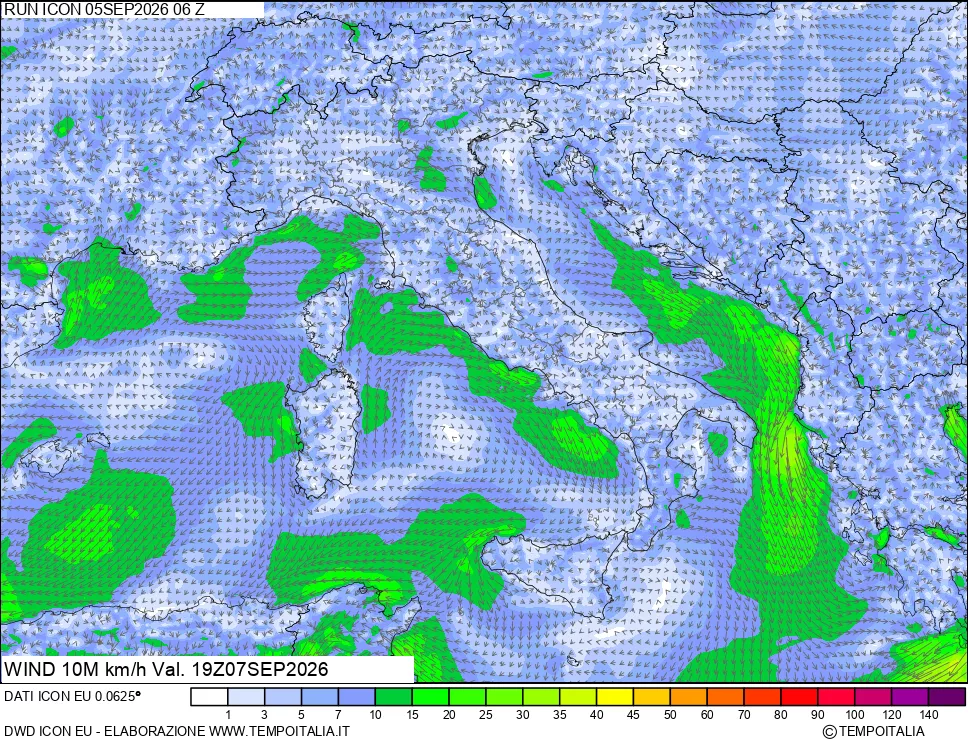 mappa 10 m Vento forza e direzione