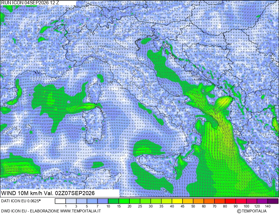 mappa 10 m Vento forza e direzione