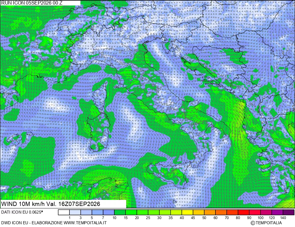 mappa 10 m Vento forza e direzione