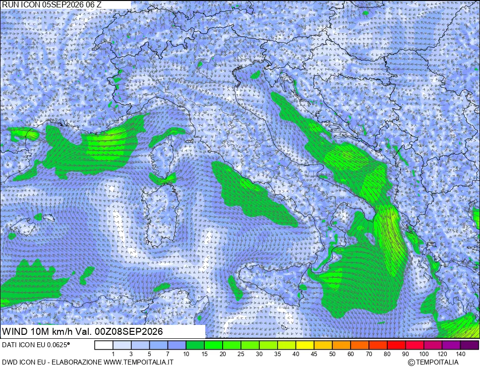 mappa 10 m Vento forza e direzione
