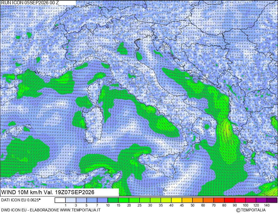 mappa 10 m Vento forza e direzione