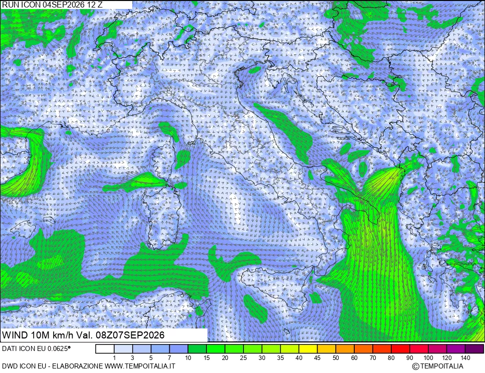 mappa 10 m Vento forza e direzione