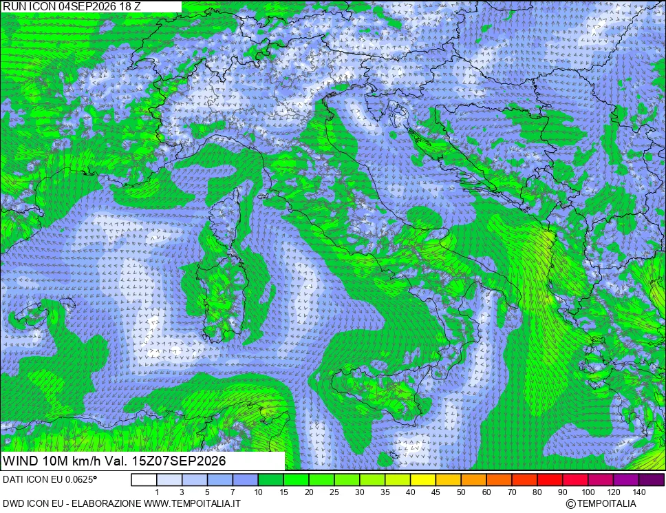 mappa 10 m Vento forza e direzione