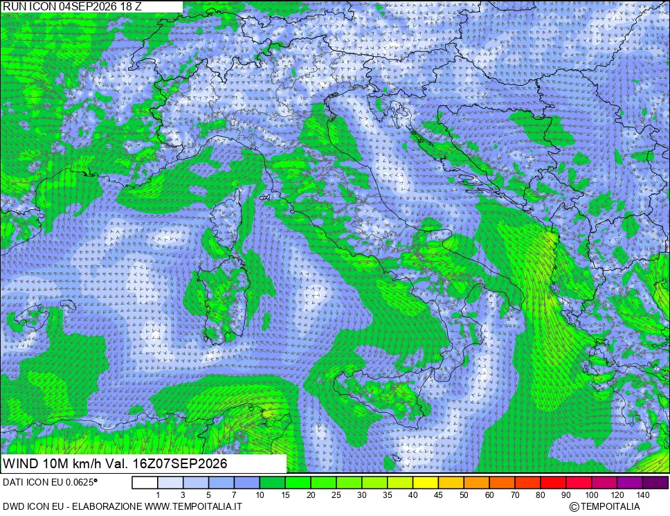 mappa 10 m Vento forza e direzione