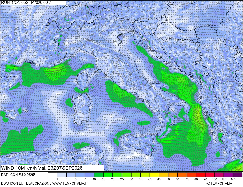 mappa 10 m Vento forza e direzione