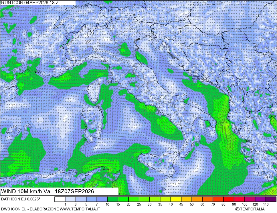 mappa 10 m Vento forza e direzione