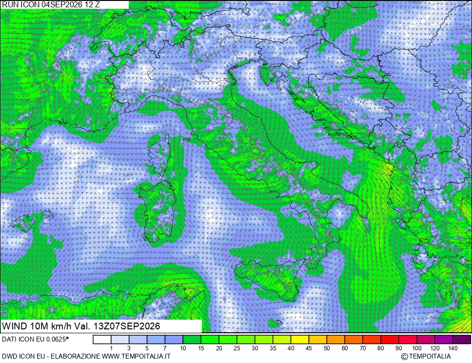 mappa 10 m Vento forza e direzione