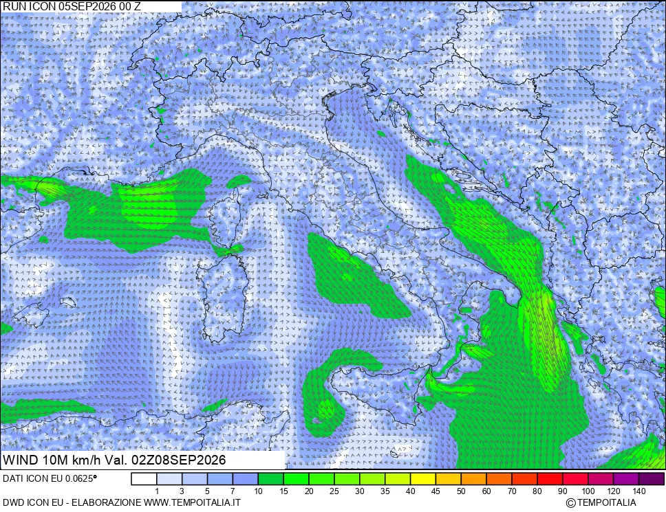 mappa 10 m Vento forza e direzione