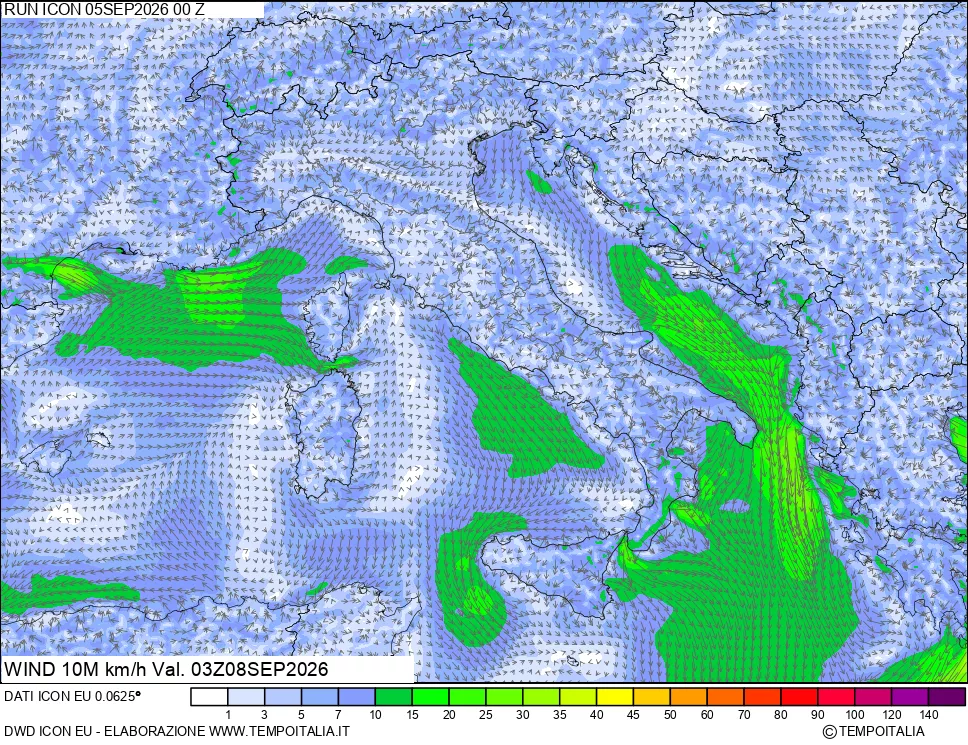 mappa 10 m Vento forza e direzione