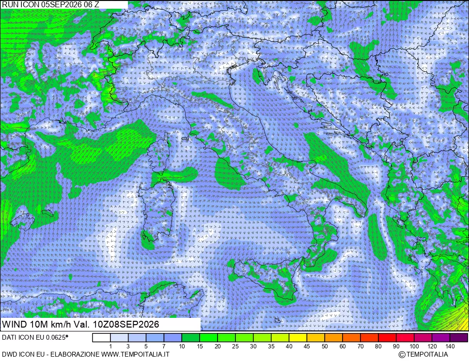 mappa 10 m Vento forza e direzione