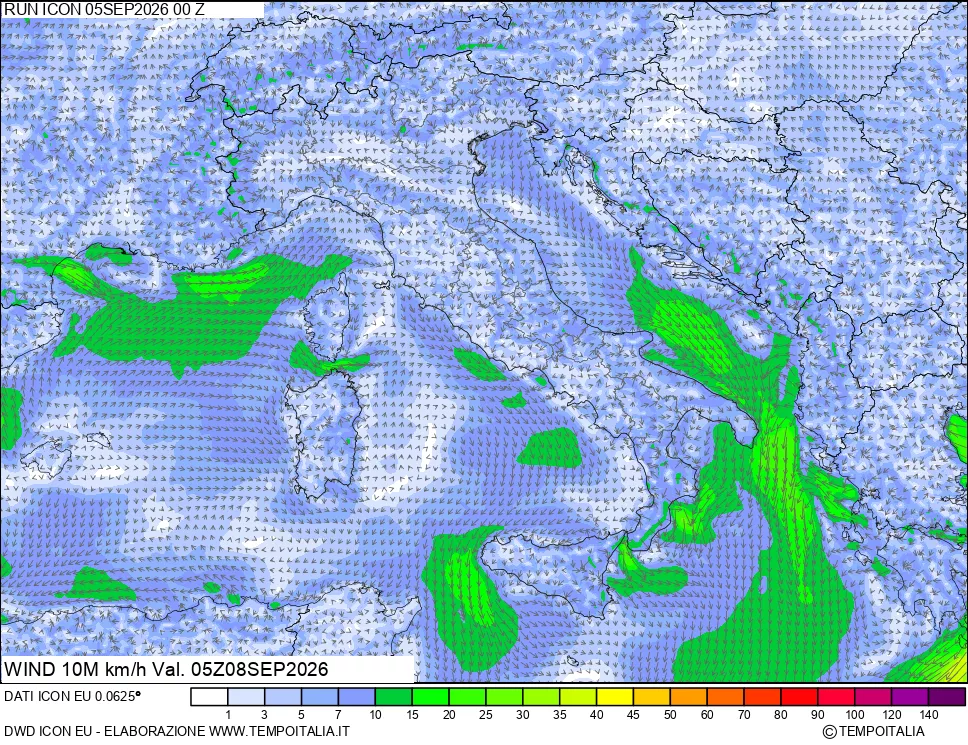 mappa 10 m Vento forza e direzione