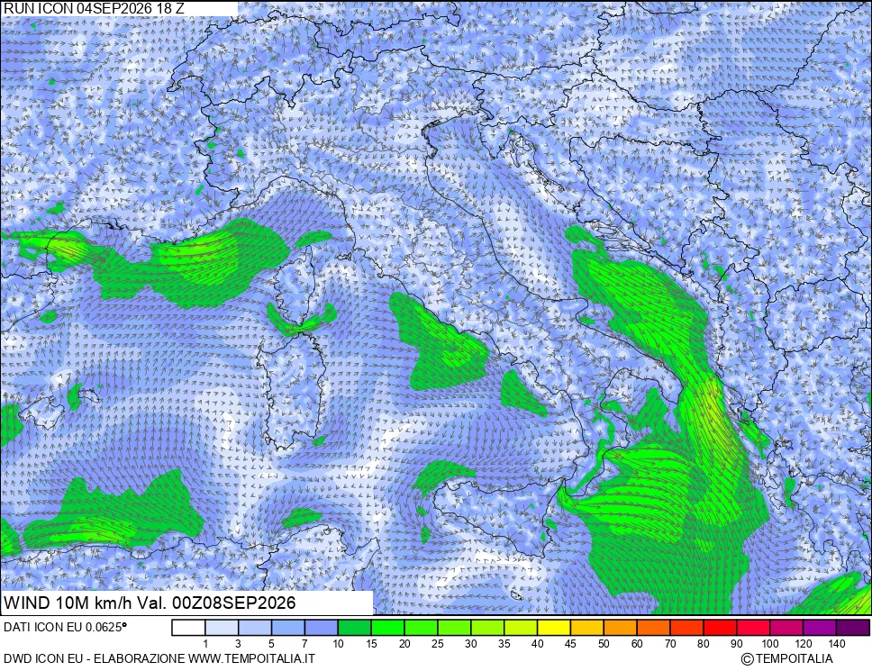 mappa 10 m Vento forza e direzione