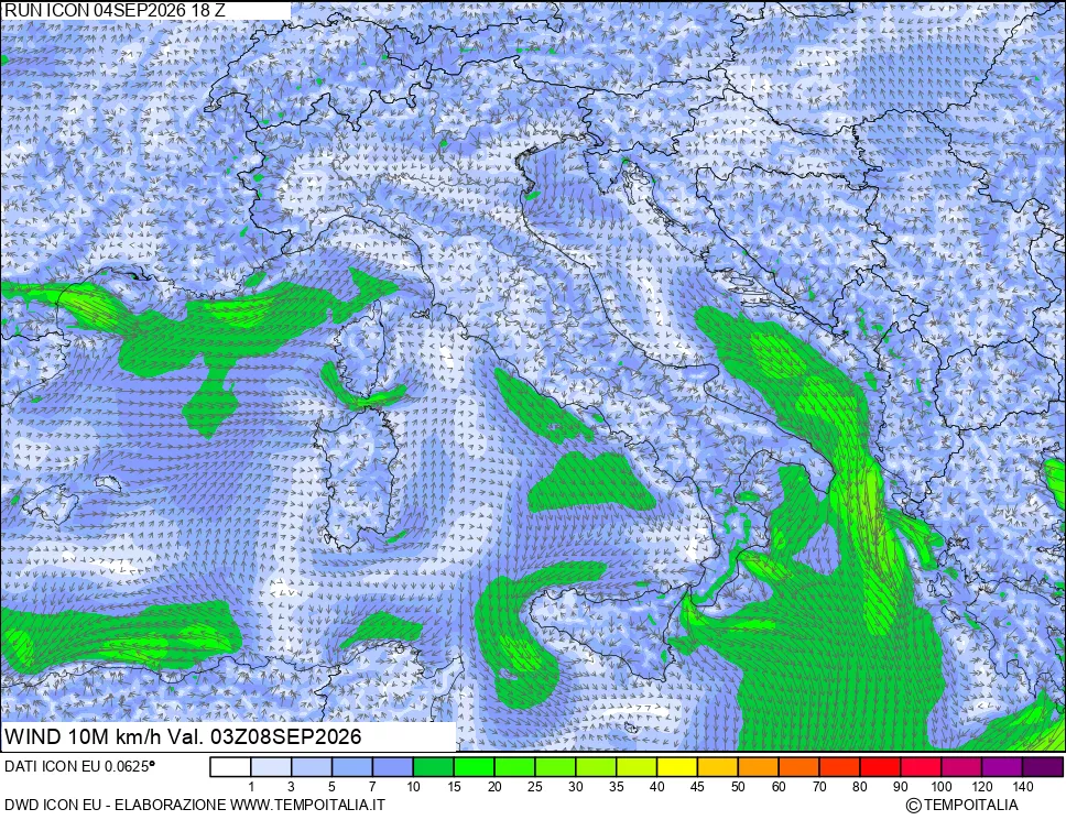 mappa 10 m Vento forza e direzione