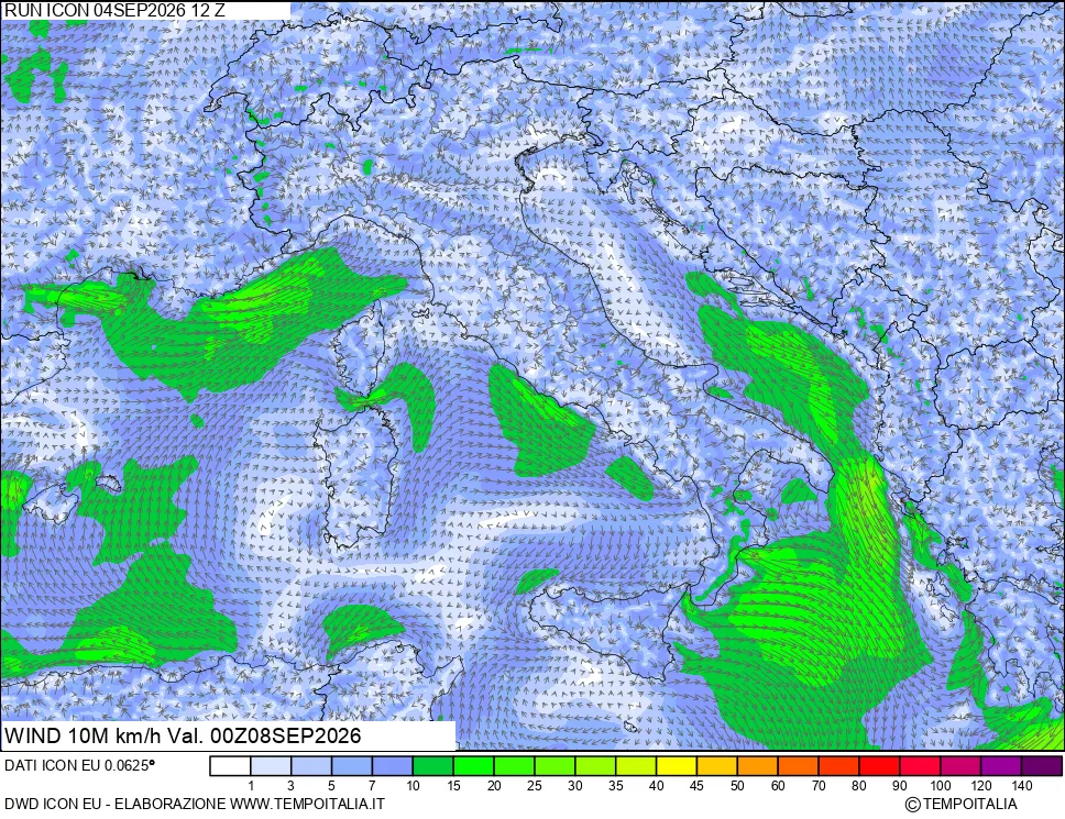 mappa 10 m Vento forza e direzione