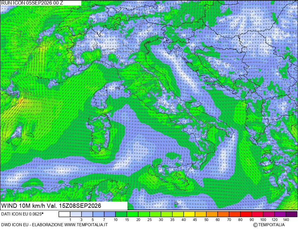 mappa 10 m Vento forza e direzione