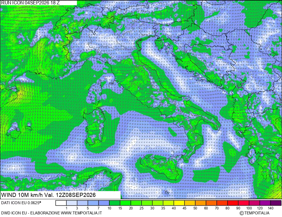mappa 10 m Vento forza e direzione