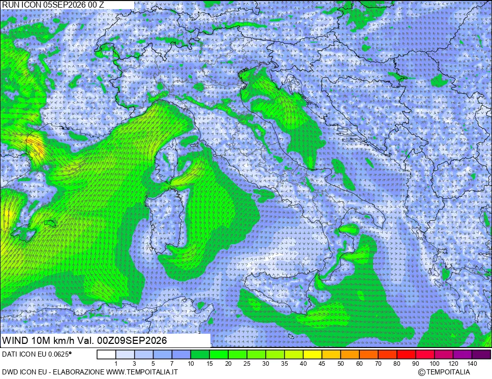mappa 10 m Vento forza e direzione