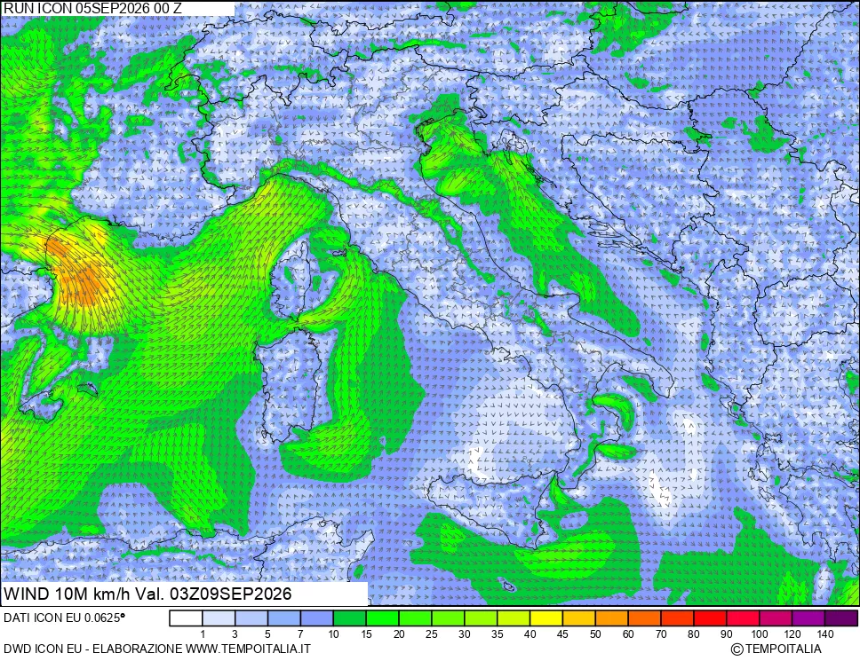 mappa 10 m Vento forza e direzione