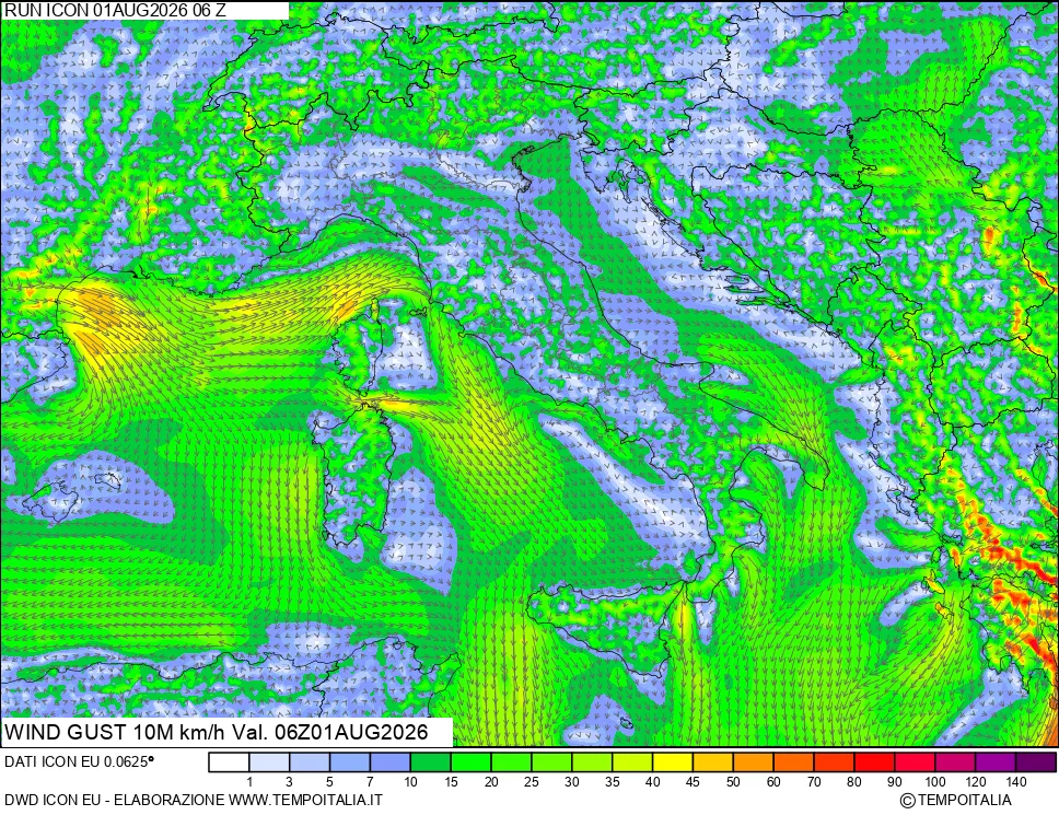 mappa 10 m Vento raffica massima