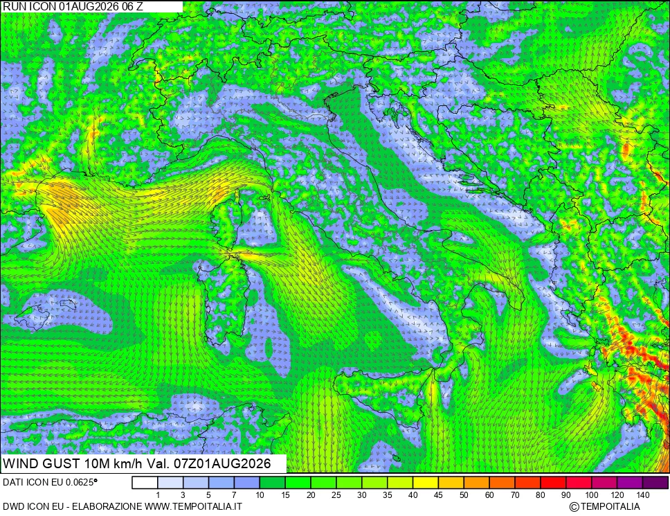 mappa 10 m Vento raffica massima