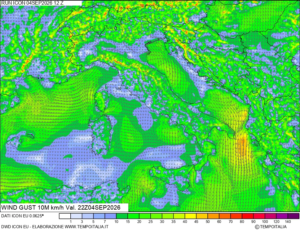 mappa 10 m Vento raffica massima