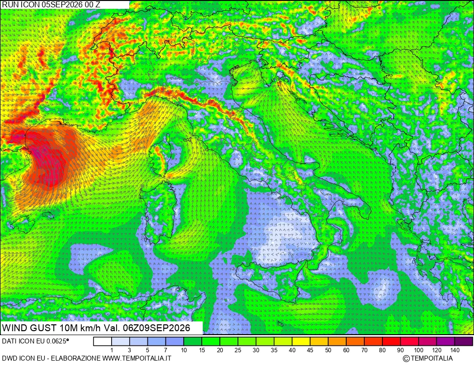 mappa 10 m Vento raffica massima