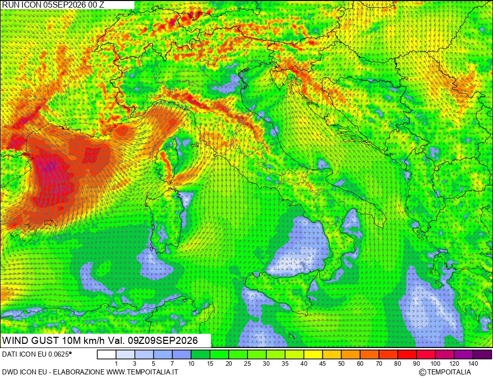mappa 10 m Vento raffica massima