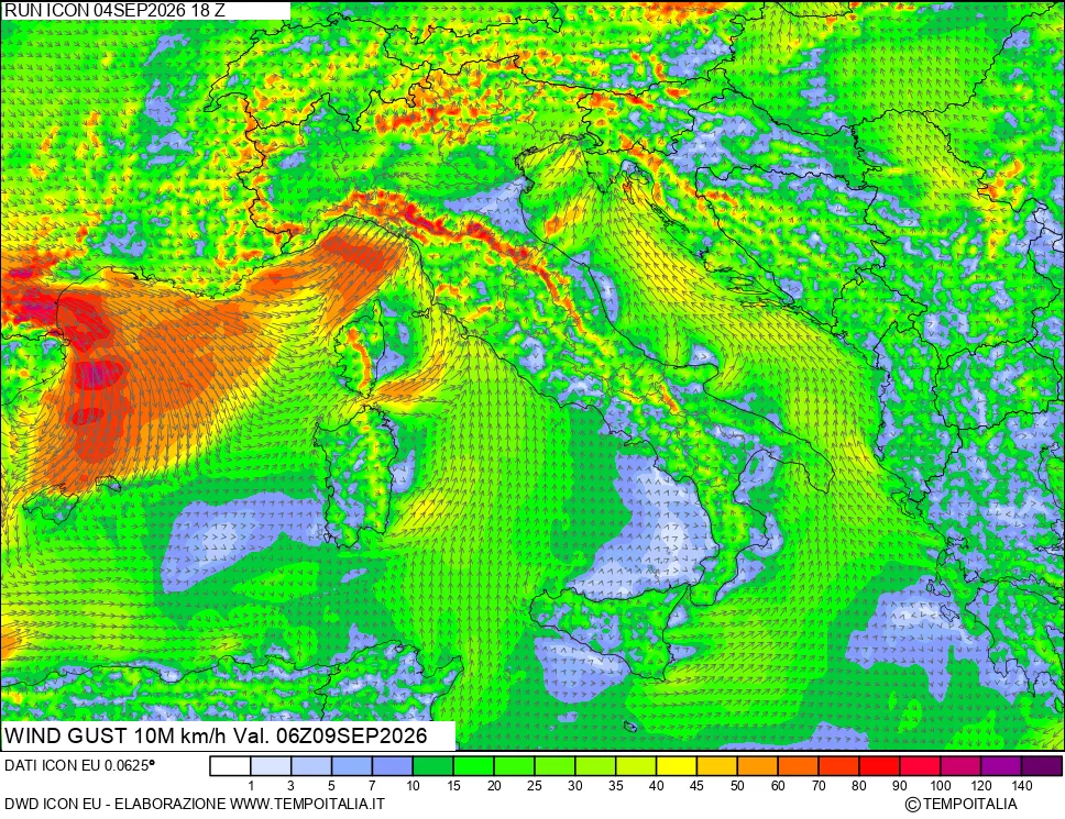 mappa 10 m Vento raffica massima
