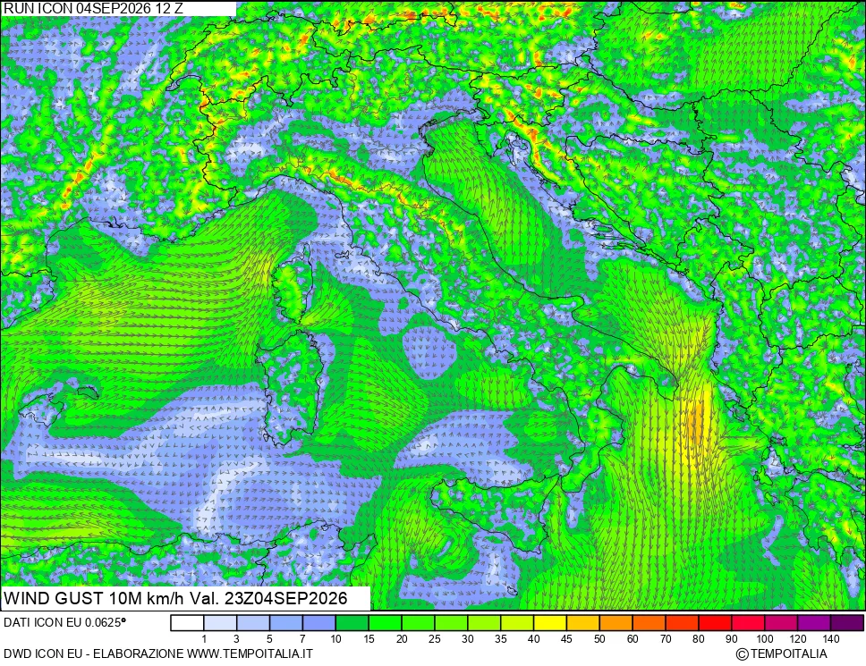 mappa 10 m Vento raffica massima