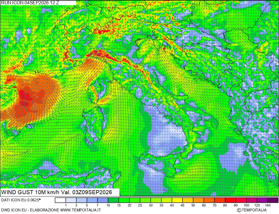 mappa 10 m Vento raffica massima