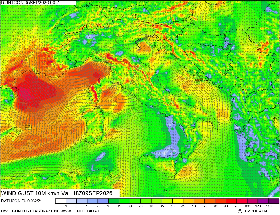 mappa 10 m Vento raffica massima