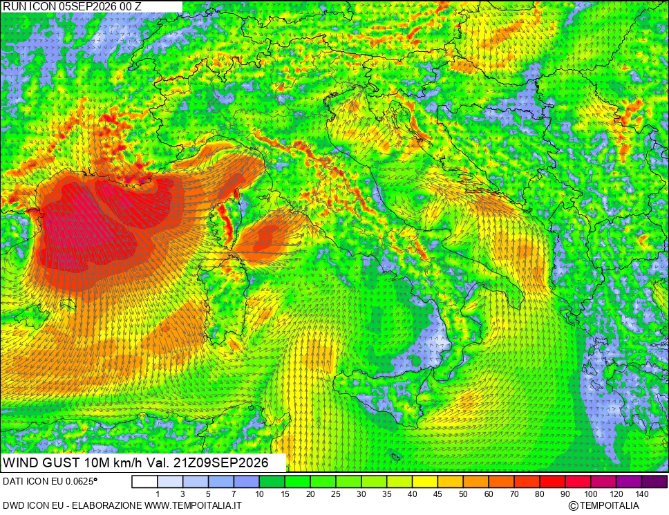mappa 10 m Vento raffica massima