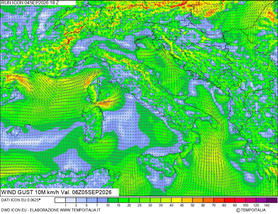 mappa 10 m Vento raffica massima