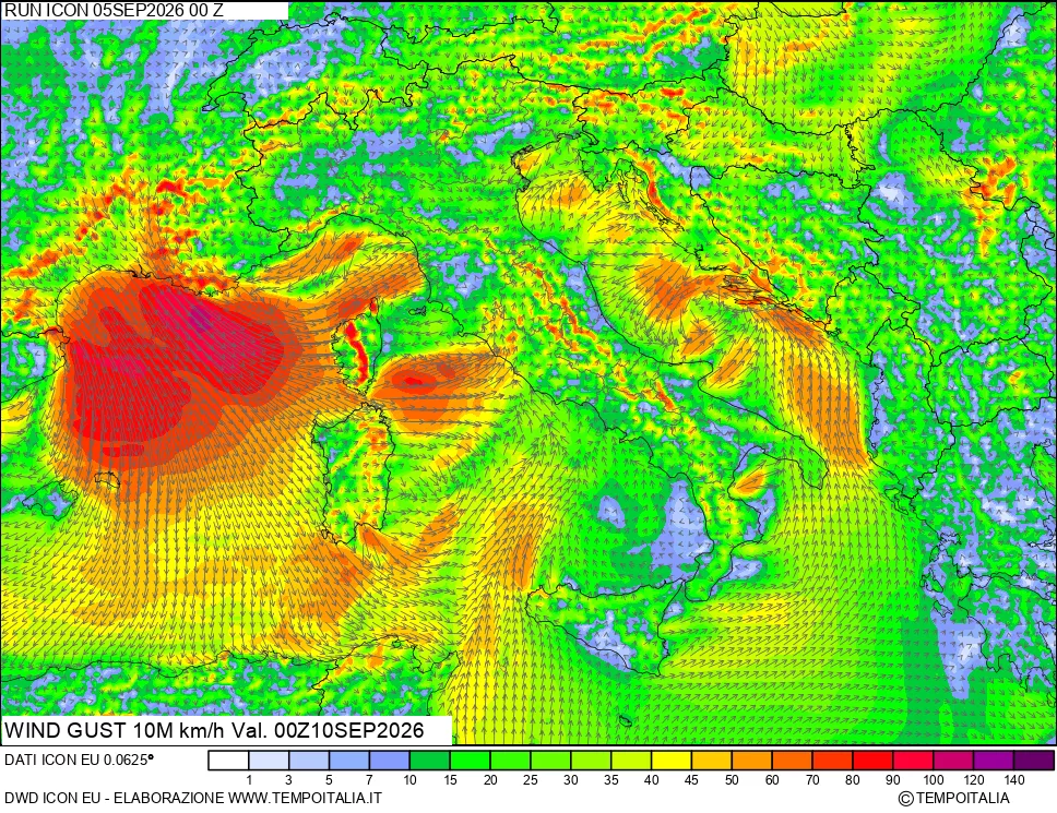 mappa 10 m Vento raffica massima