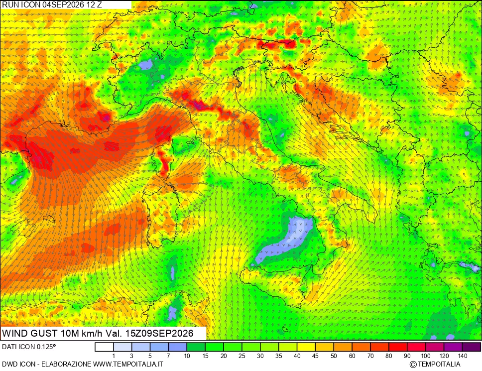 mappa 10 m Vento raffica massima