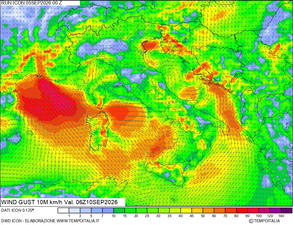 mappa 10 m Vento raffica massima