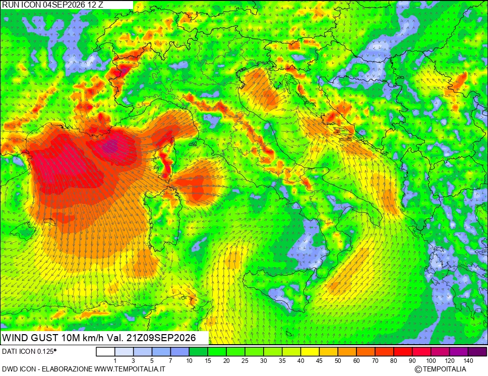 mappa 10 m Vento raffica massima