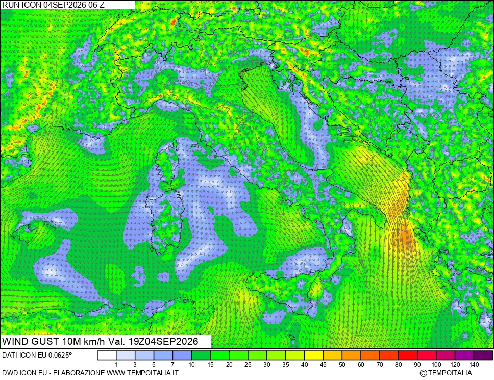 mappa 10 m Vento raffica massima