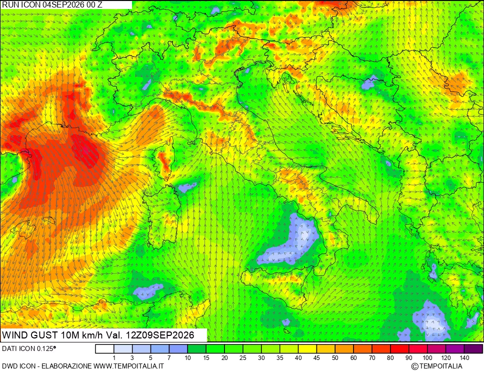 mappa 10 m Vento raffica massima