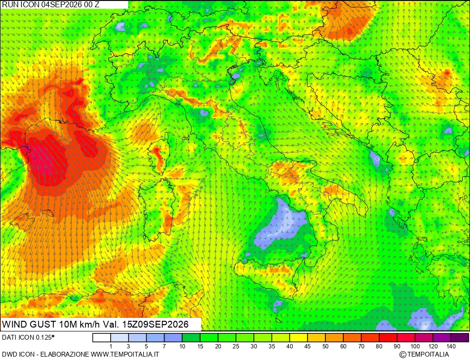 mappa 10 m Vento raffica massima