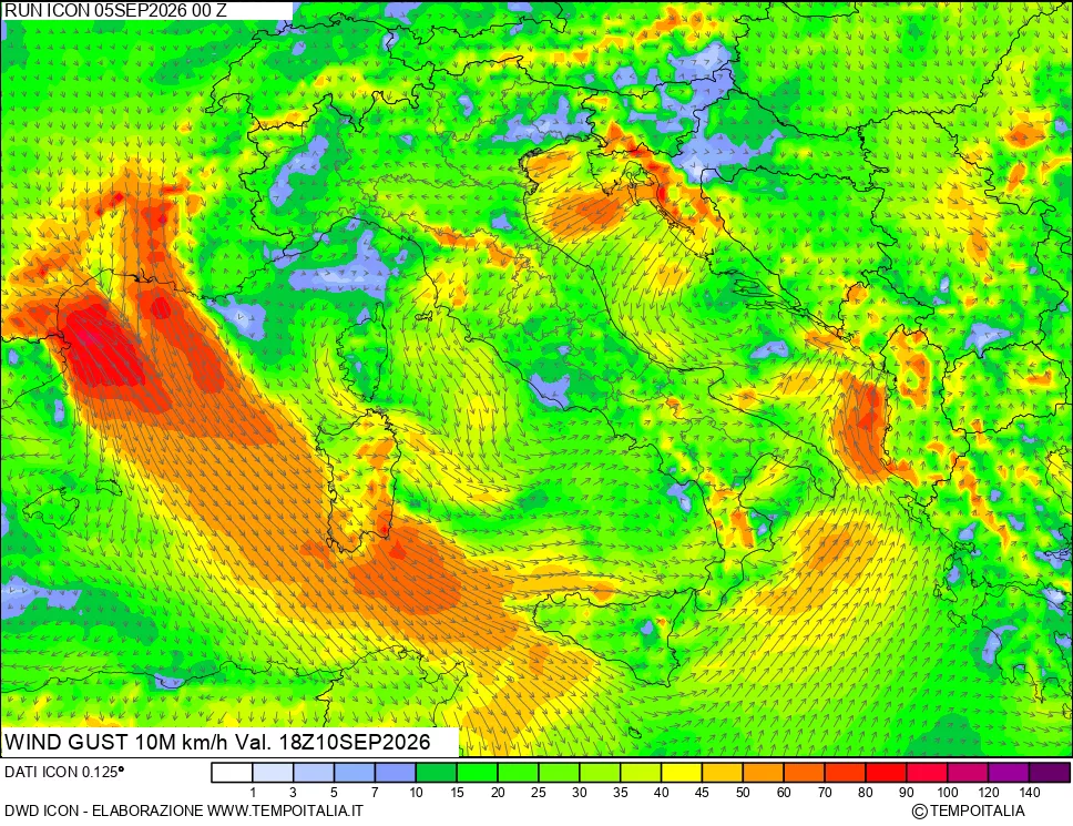 mappa 10 m Vento raffica massima
