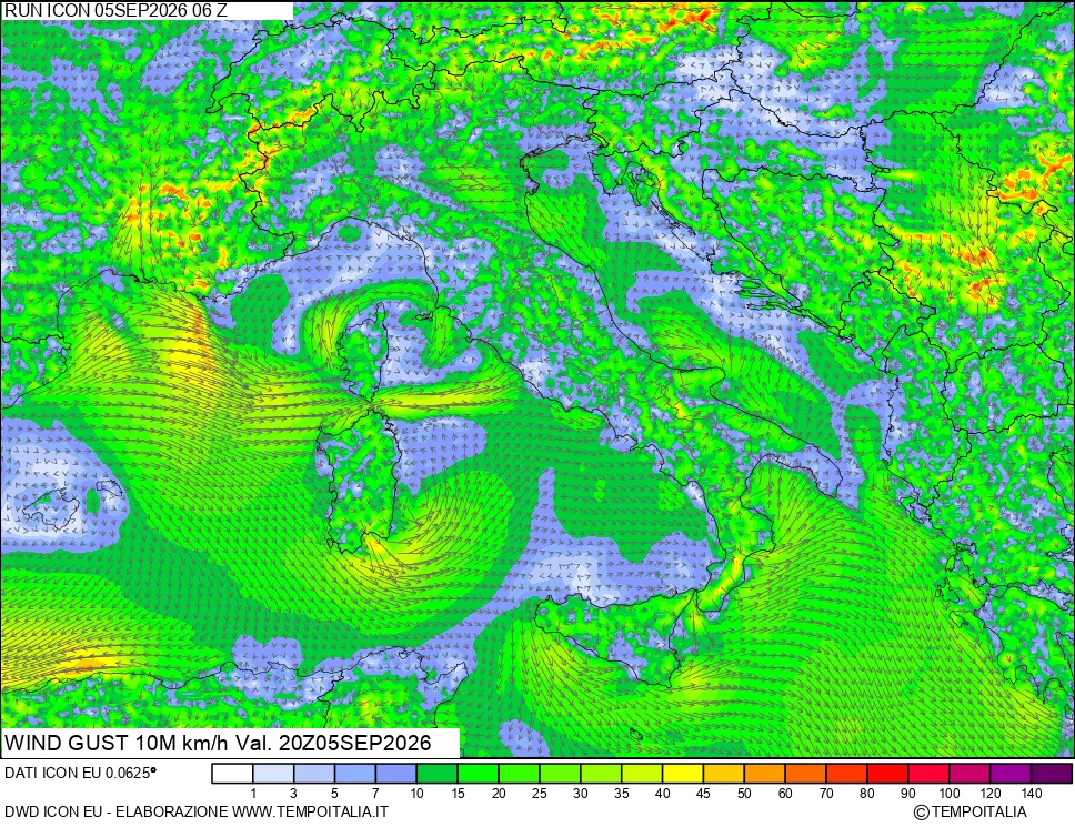 mappa 10 m Vento raffica massima