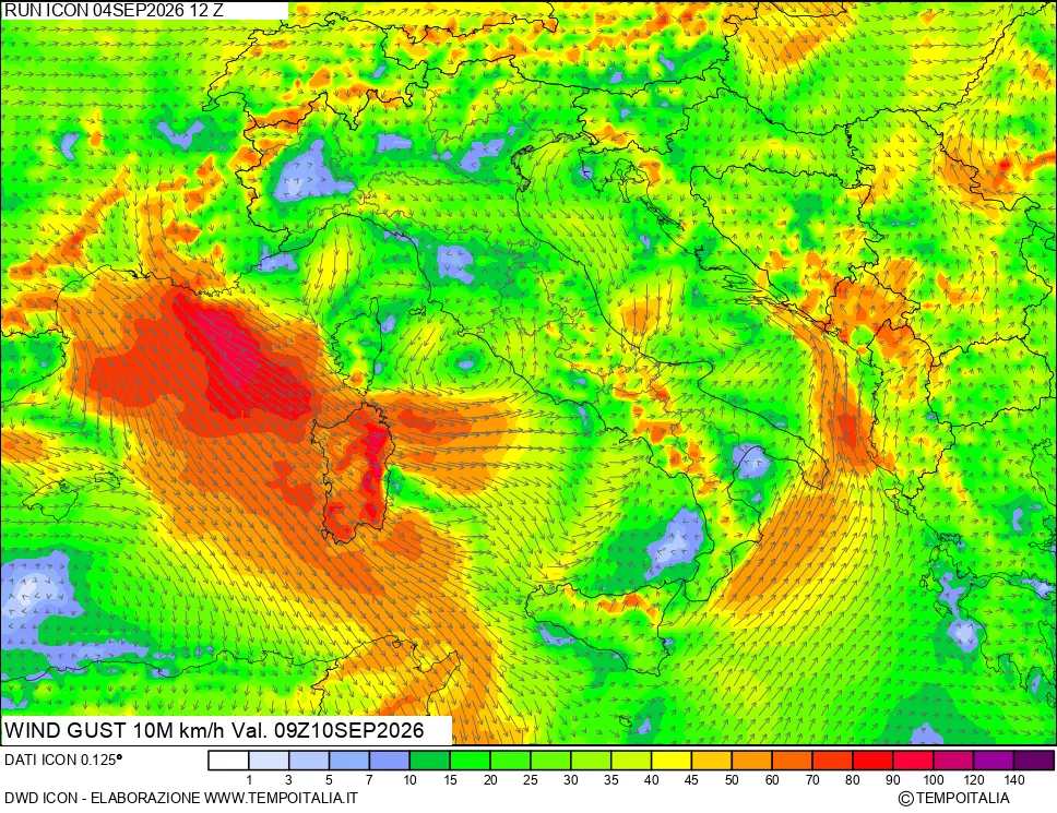 mappa 10 m Vento raffica massima