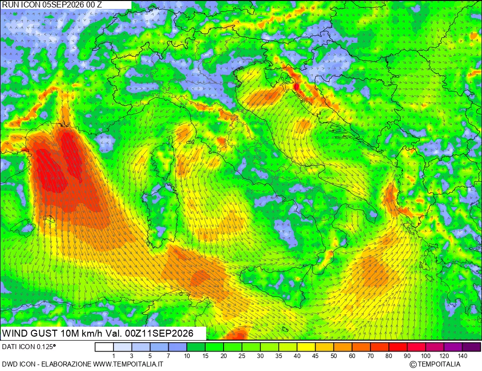 mappa 10 m Vento raffica massima