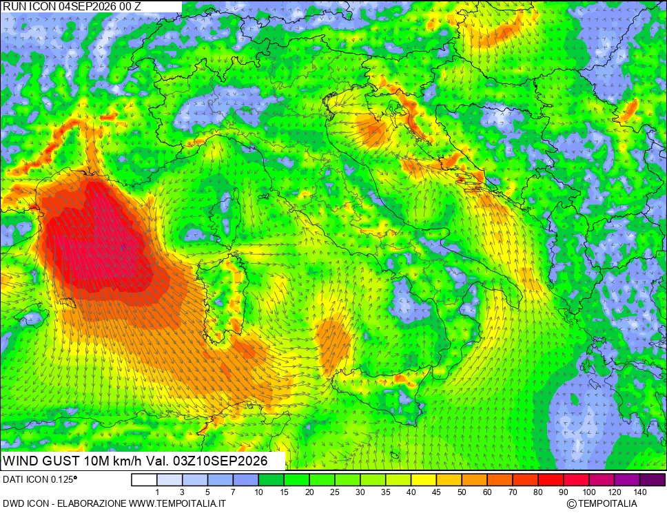 mappa 10 m Vento raffica massima