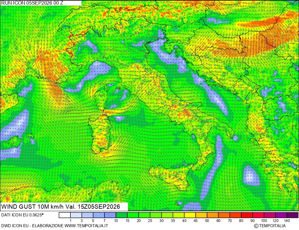 mappa 10 m Vento raffica massima