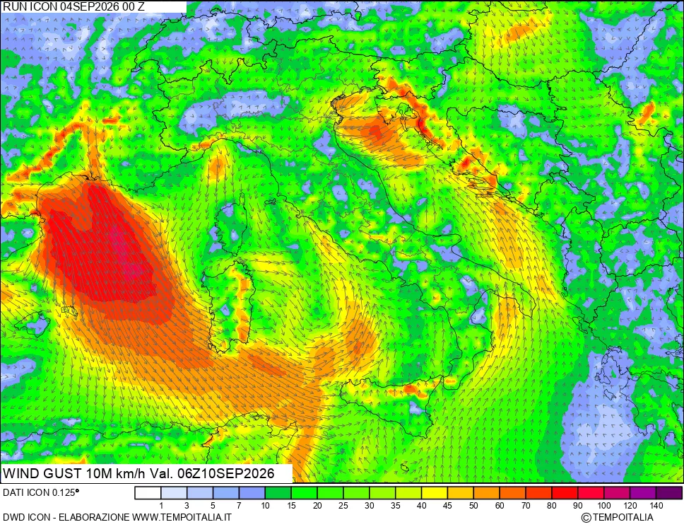 mappa 10 m Vento raffica massima