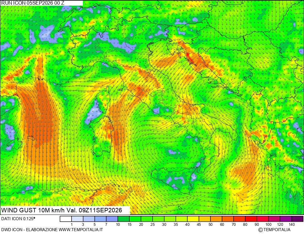mappa 10 m Vento raffica massima