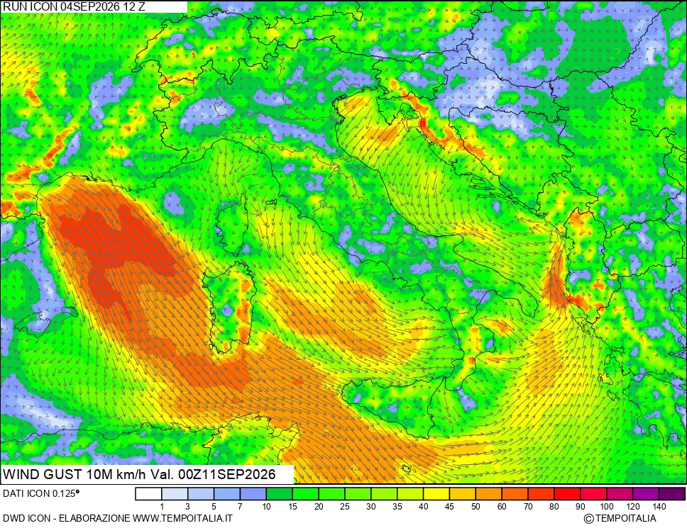 mappa 10 m Vento raffica massima