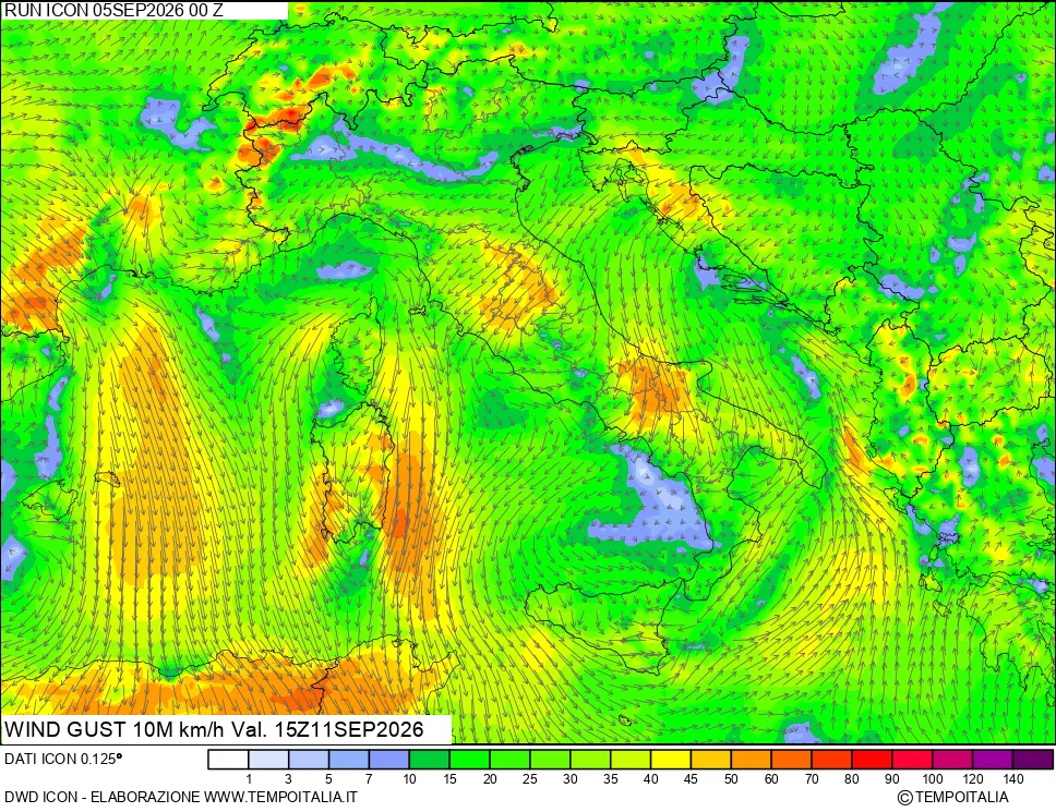 mappa 10 m Vento raffica massima
